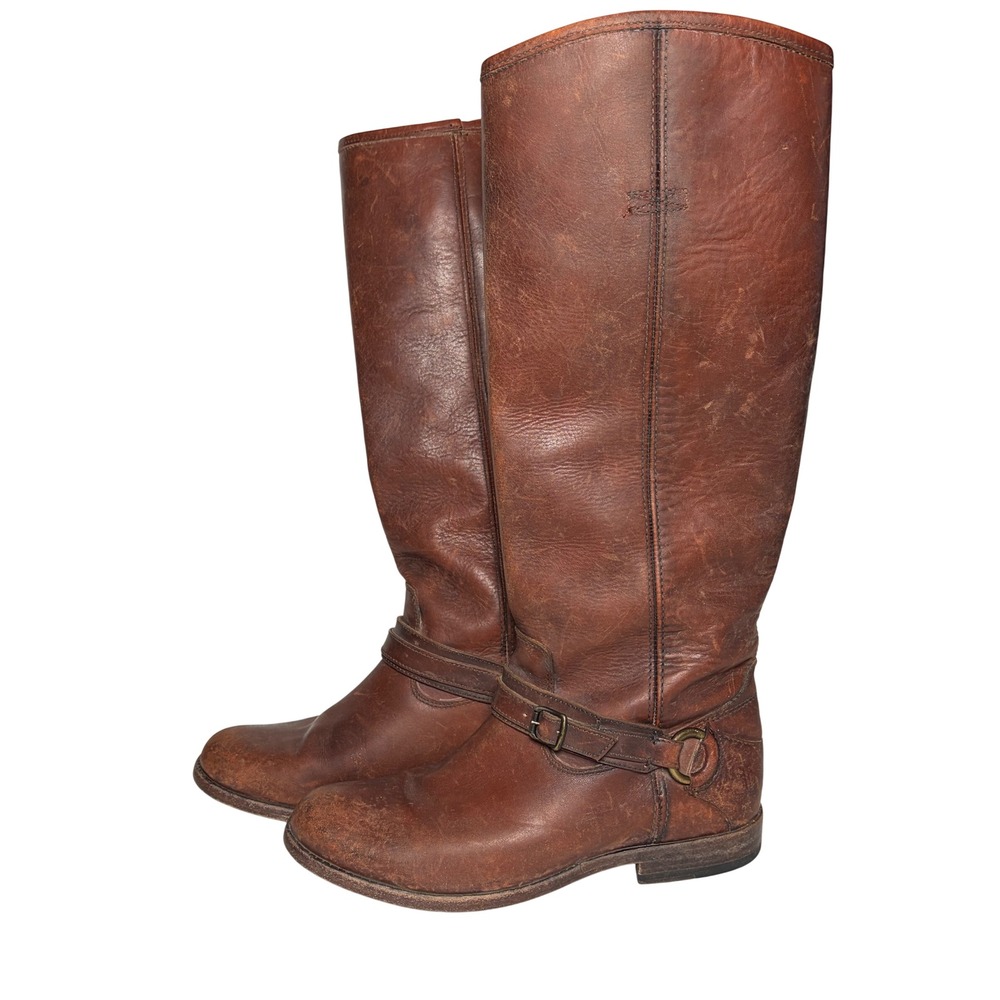 Frye Phillip Ring Tall Brown‎ Leather Riding Boots 76843 Harness Moto Size 8 B